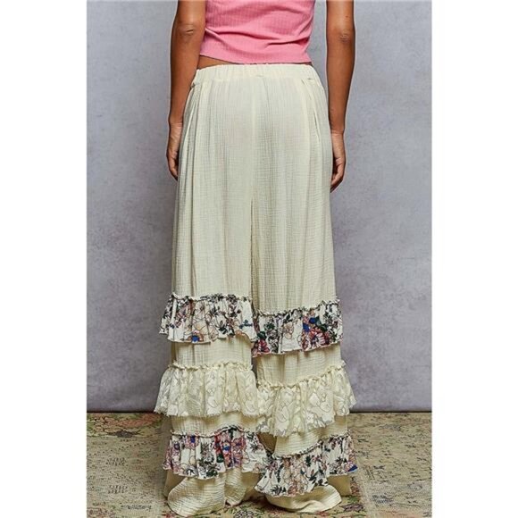 POL Drawstring Double Gauze Wide Leg Pants with Print and Lace Ruffle - Picture 3 of 5